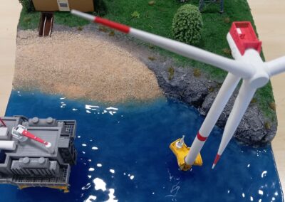 Détail maquette offshore en 3d avec coulée de résine pour les effets d'eau